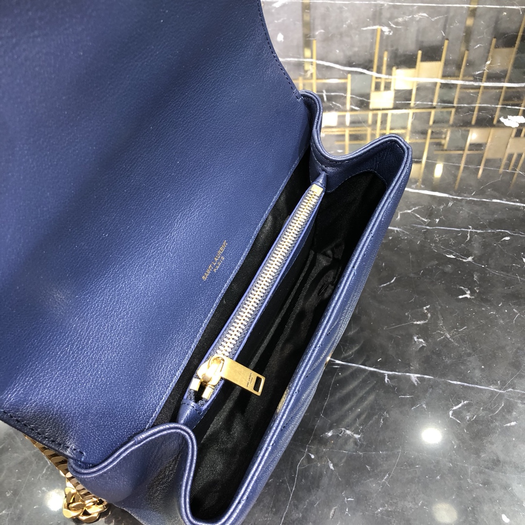 Saint Laurent Lambskin College Handbag Shoulder Bag Navy Blue 600279 Gold